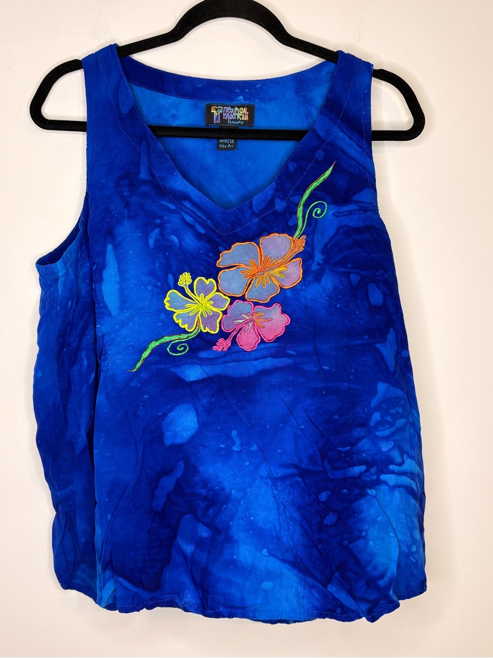 Tropical Tantrum Hawaii Blue Tie Dye Tank Top With Floral Embroidery Size 1X